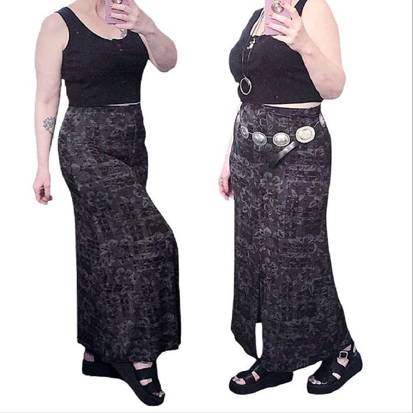 VTG 90s Black Floral Fairy Grunge Button Slit Front Maxi Skirt Medium - Picture 8 of 13